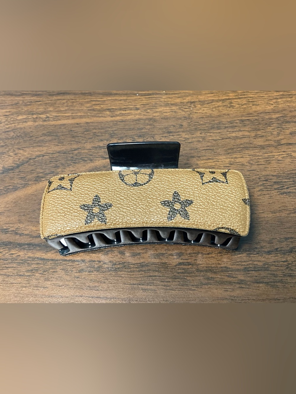 Tan Patterned Leather-Look Hair Clip
